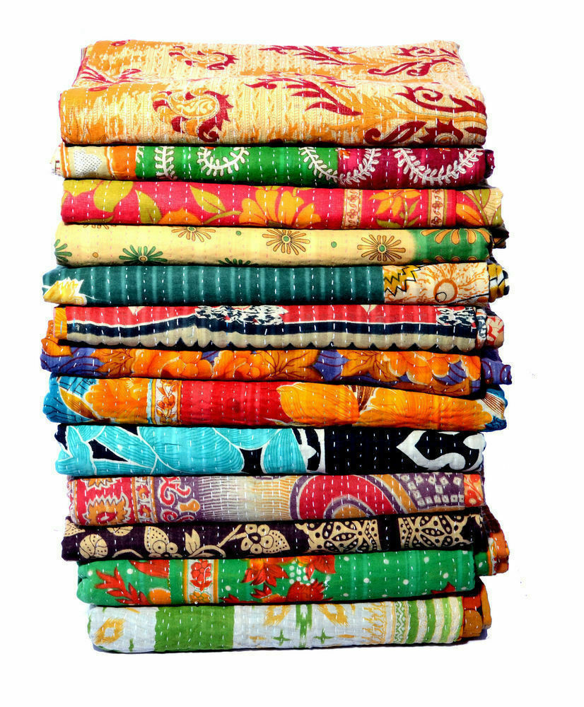 Indian Vintage Reversible 5 PC Wholesale Lot Kantha Quilt Twin Handmade Blanket