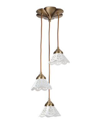 3 Light Pendant Chandelier with White Pottery Brass Plate Floral