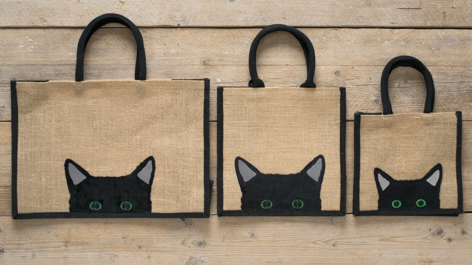 Jute Hessian Black Trim Shopping Bag Peekaboo Black Cat Design 3