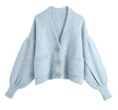 CARDIGAN JUMPER BUTTONS BOW RHINESTONE JEWELRY PREPPY SWEATER JERSEY women