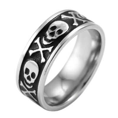 Mens Punk Pirate Skull Crossbone Ring Band Stainless Steel Retro Rock Jewelry