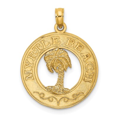 14K Gelbgold Myrte Strand auf rundem Rahmen mit Palmen Anhänger