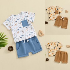 2Pcs Baby Boy Summer Outfits Short Sleeve Print Tops Shorts Set Toddler Clothing