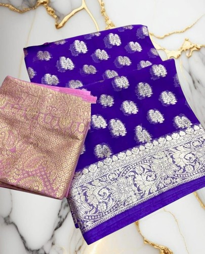 Viscose Georgette Saree with All-Over Floral Jacquard and Zari Contrast Blouse - Picture 4 of 6