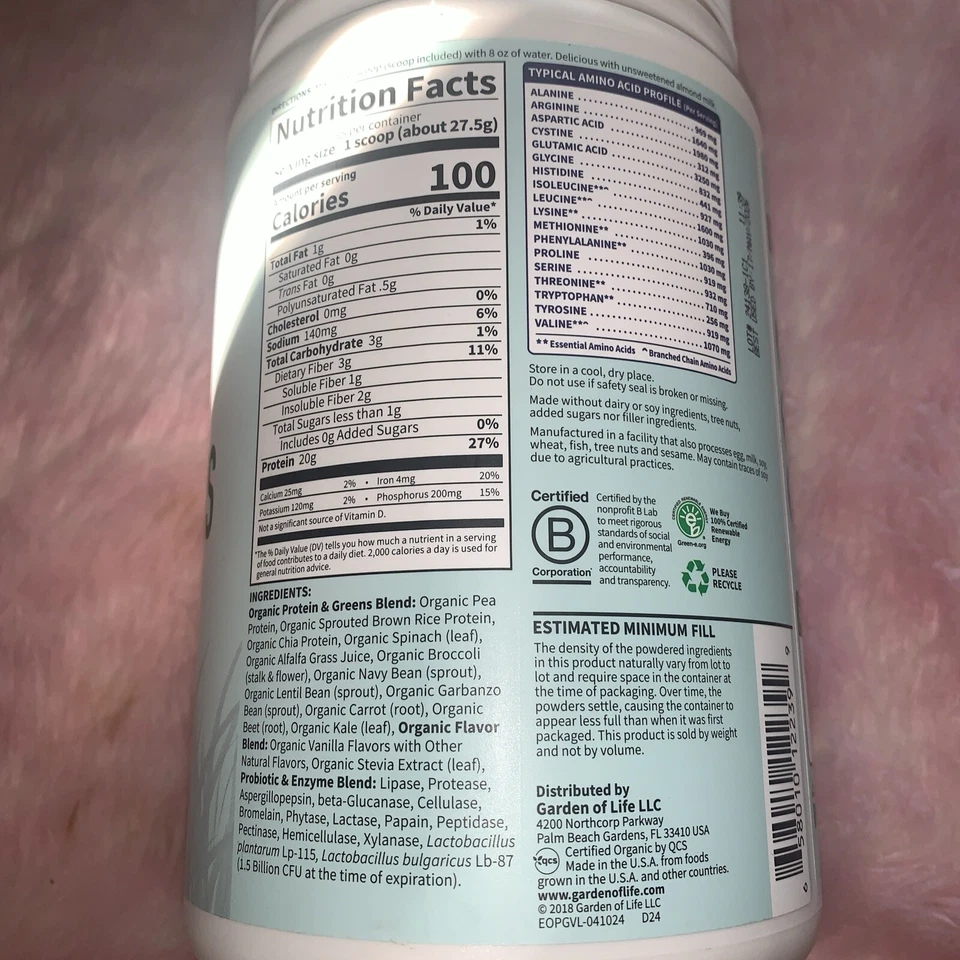 Garden of Life Proteína Vegana Orgánica + Verdes Batido a Base de Plantas Vainilla, 17.4oz Foto 2 de 4