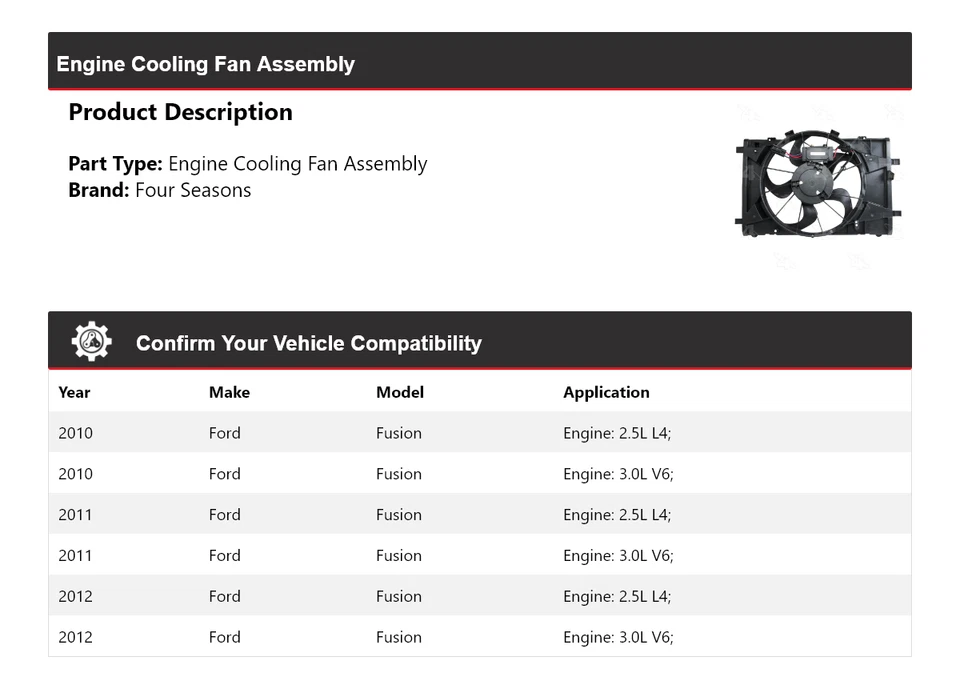 Conjunto de ventilador de refrigeración del motor Ford Fusion 2010-2012 4 estaciones 2011 Foto 2 de 4