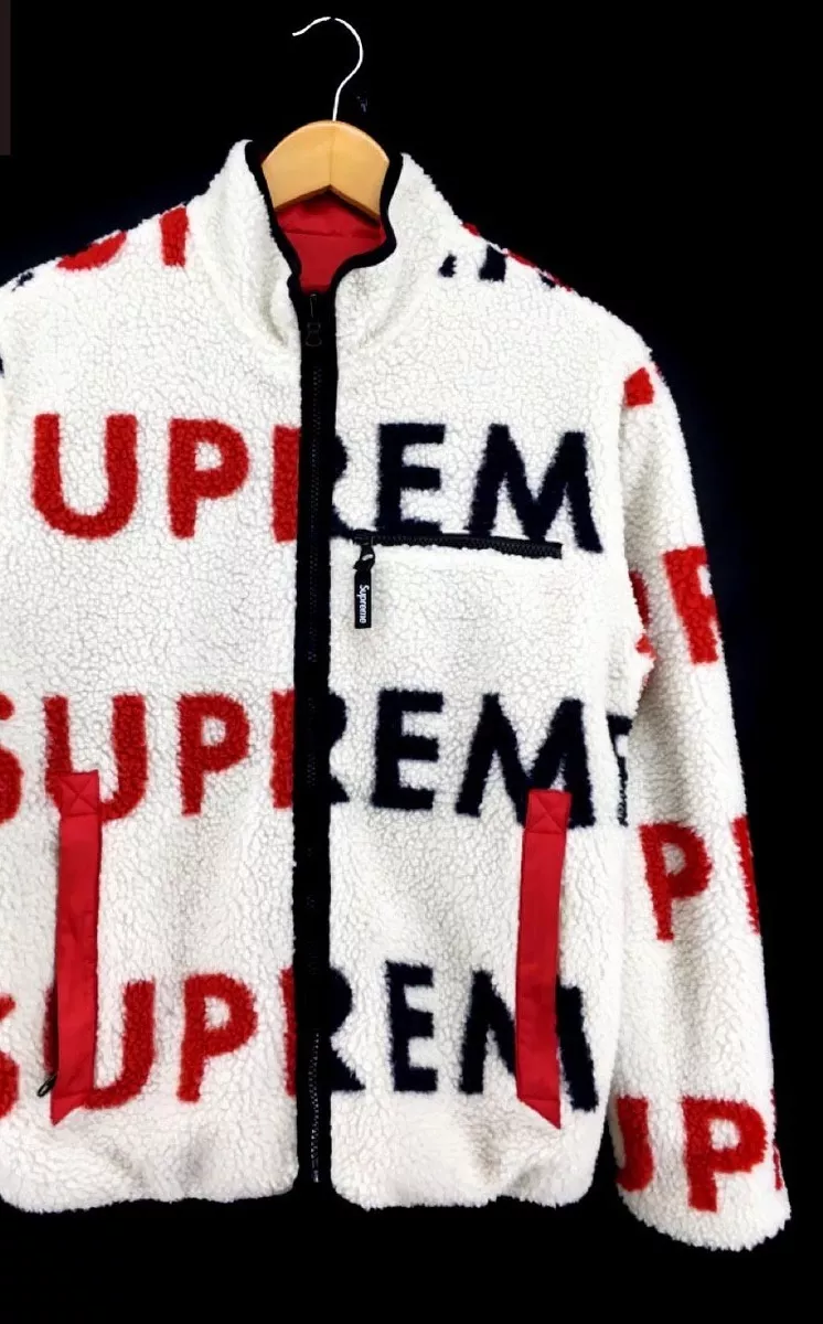 Supreme 18FW Reversible Logo Fleece Jacket S polyester white Used From JAPAN