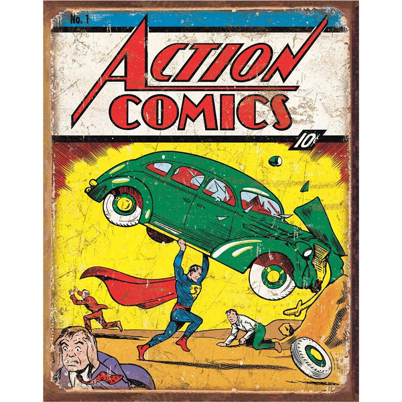 Plaque métal Superman Action Comics 1 pour déco geek salon et bureau