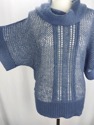 MEXX Damen Pullover Lochstrick Rollkragen Kurzarm Mohair Anteil Gr.L Blau