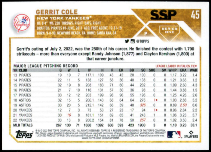 2023 Topps Series 1 Gerrit Cole #45 Gold Mirror Variation