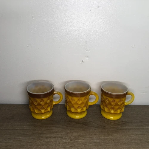 Vintage Anchor Hocking Fire King Coffee Mug Set  Kimberly Diamond Yellow Lot 3