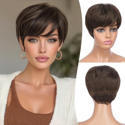 FESHFEN Pixie Cut Wigs Synthetic Short Brown with Highlights Pixie Haircut Wig w