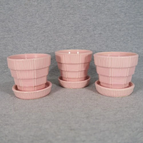 Vtg McCoy Pottery Basket Weave 3" Flowerpots Pink Baby Girl Cottage 50s Lot of 3