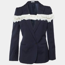 McQueen Navy Blue Wool Ruffle Inset Double Breasted Blazer M