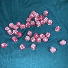 Dice D6 Set Of 36 Swirled Dice 12mm Pearlescent Pink W/White Pips 40K D&D 