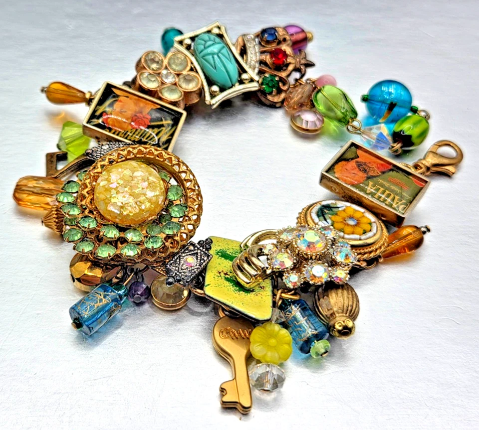 Vintage Couture Multicolor Chunky Art Charm Bracelet 7" - Image 2 of 4