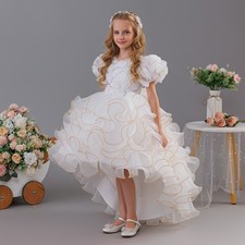 Flower Girl Formal Gown Puff Sleeves Tiered Train Dress Birthday Christmas Dress