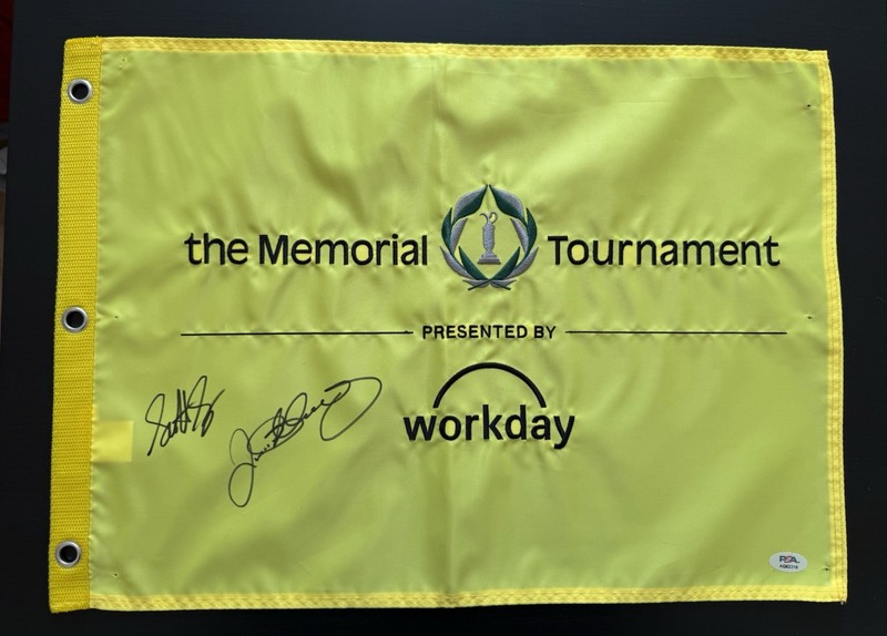 Scottie Scheffler Rory Mcilroy Dual Signed Memorial Tournament Pin Flag PSA DNA 