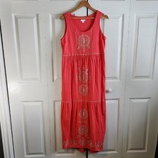 J. Jill Sleeveless Coral Beaded Midi Dress Size SM Embroidered Tiered Western
