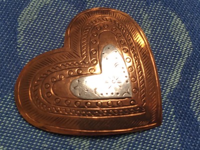 VINTAGE COPPER & SILVER? HAND TOOLED PIN BROOCH 2 1/2'' BY 2''MANY HRS  DETAILED