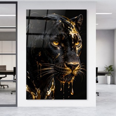 Schwarzer Panther mit Gold, Tiere Kunst Wandbild, Acrylglas, Leinwand, Poster