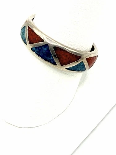 Vintage Navajo Sterling Silver Turquoise Coral Inlay Band Ring Size 9 – 4.88g