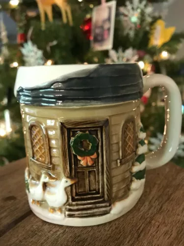 OTAGIRI CHRISTMAS MUG WITH WINTER SCENE—SNOW-COVERED HOUSE WITH GEESE