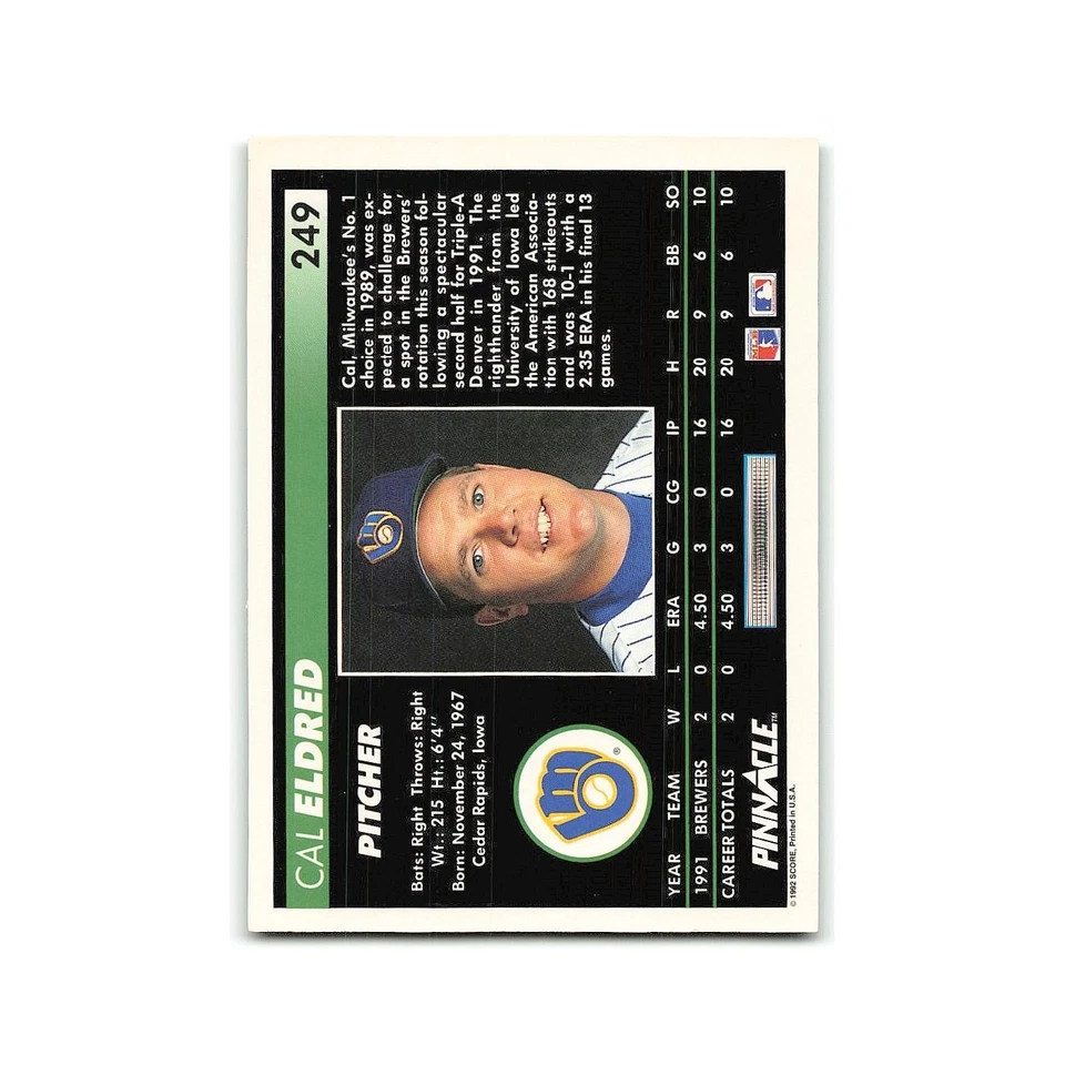 Cal Eldred Rookie 1992 Pinnacle #249 Milwaukee Brewers Baseball Card NM - Image 2 of 3