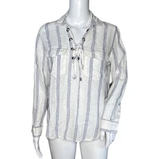 Rails Shirt Womens XS White Blue Stripe Flamenco Stripe Matea Lace Up Casual