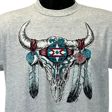 Vintage 90s Native American Indian T Shirt Southwestern Skull Gray Mens M Medium