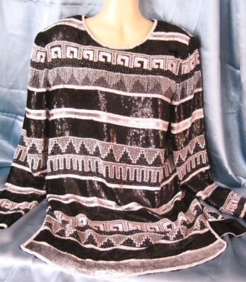 extravagante Pailetten Seide Tunika Gr. 38  Elégance Paris Gr. 38 schwarz weiss