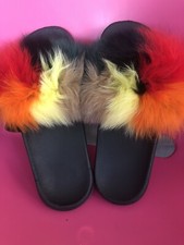 Women's Faux Fox Fur Soft Slippers Fuzzy Furry Slides Shoes Slip On Flat Sandals
