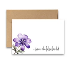 PERSONALIZED - 12 Flat Note card, Floral Stationery with Envelopes Purple Flower