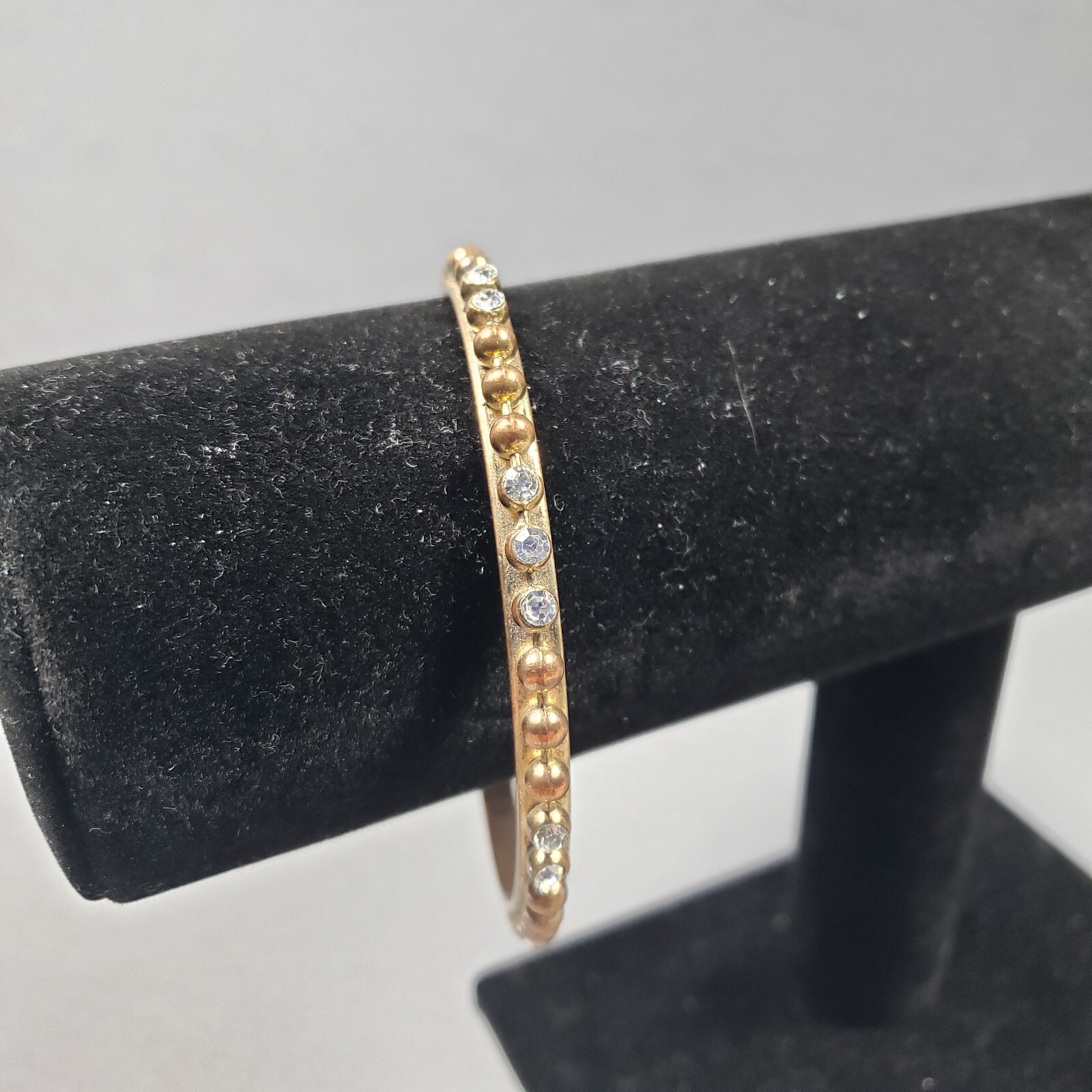 Bangle Bracelet Gold Tone Beads Rhinestones Steampunk Modernist Bohemian 8.25