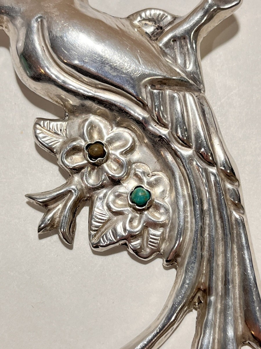 Made In Mexico Sterling Silver Exotic Bird brooch W/Stones C Clasp