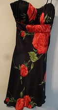 PARTY PROM DRESS Sz 3 Stunning Black & Red Satin Rose Print Spaghetti Straps