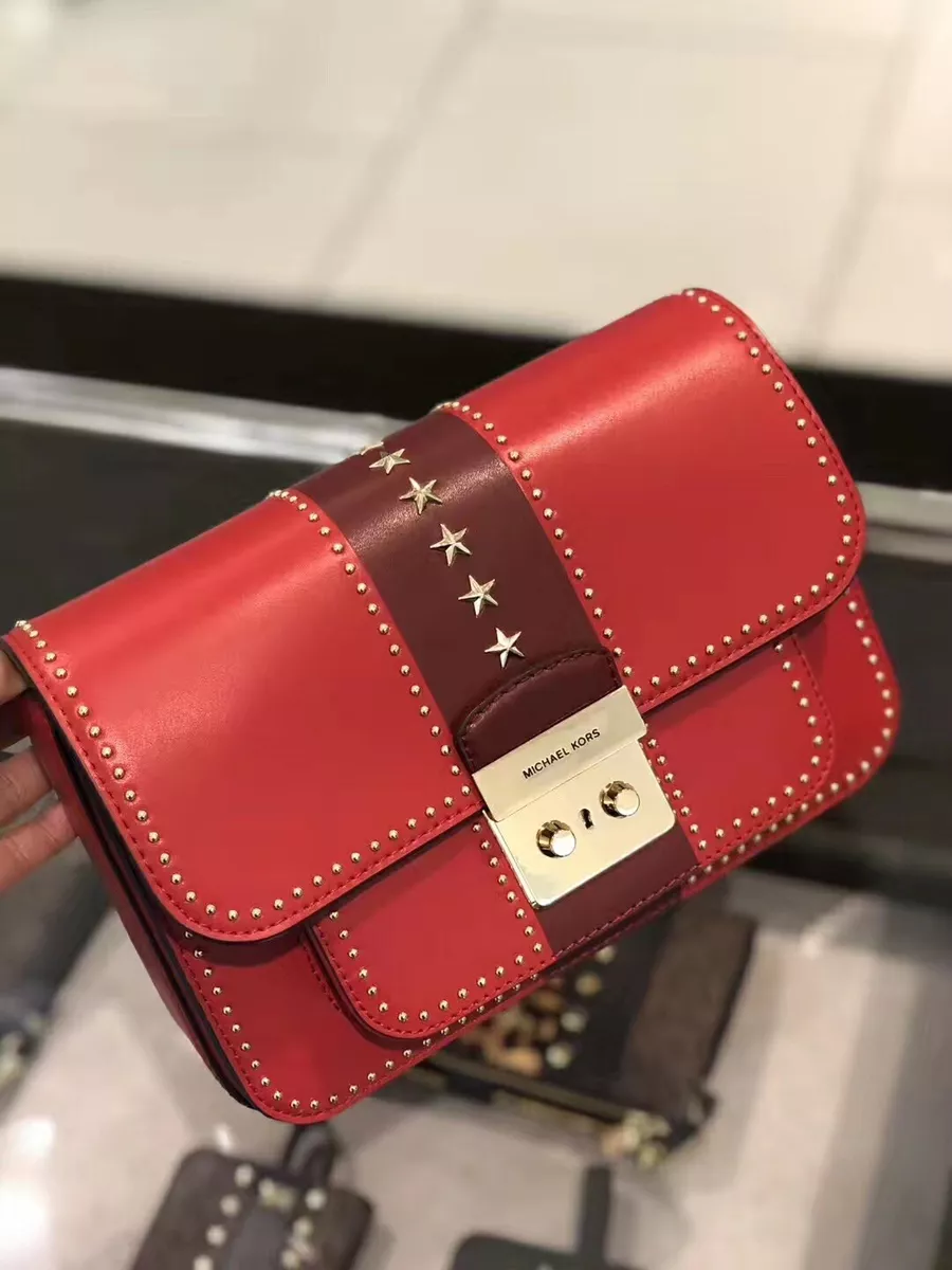 New Michael Kors Sloan Editor Shoulder bag leather gold star studded bright  red