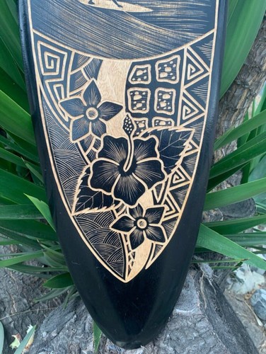 Surfer and Hibiscus Tribal Surfboard Wood Carved Tropical Wall Plaque Mango Wood - Picture 3 of 5