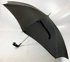 Vintage 36" Black Leather Riding Crop Loop Handle Brass Frame Parasol Umbrella