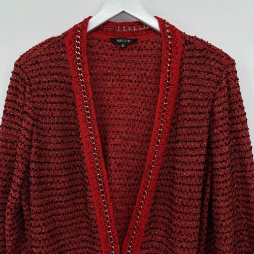 Misook Cardigan Sweater Size XL Heritage Red Black Gold Chain Shoulder Pads - Picture 4 of 14