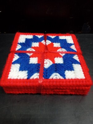 Canvas Coaster Box Set 4 Needlepoint Plastic Frame Yarn Art USA Red White Blue