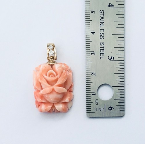 Large Solid 14K Yellow Gold Genuine Pink Coral Hand Carved Flower Pendant NEW - Picture 9 of 9