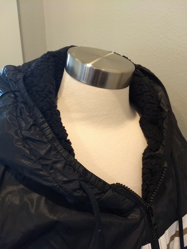Victoria Secret PINK Black Hooded Zip Up Jacket White Gold Stripe Size Medium - Picture 6 of 8