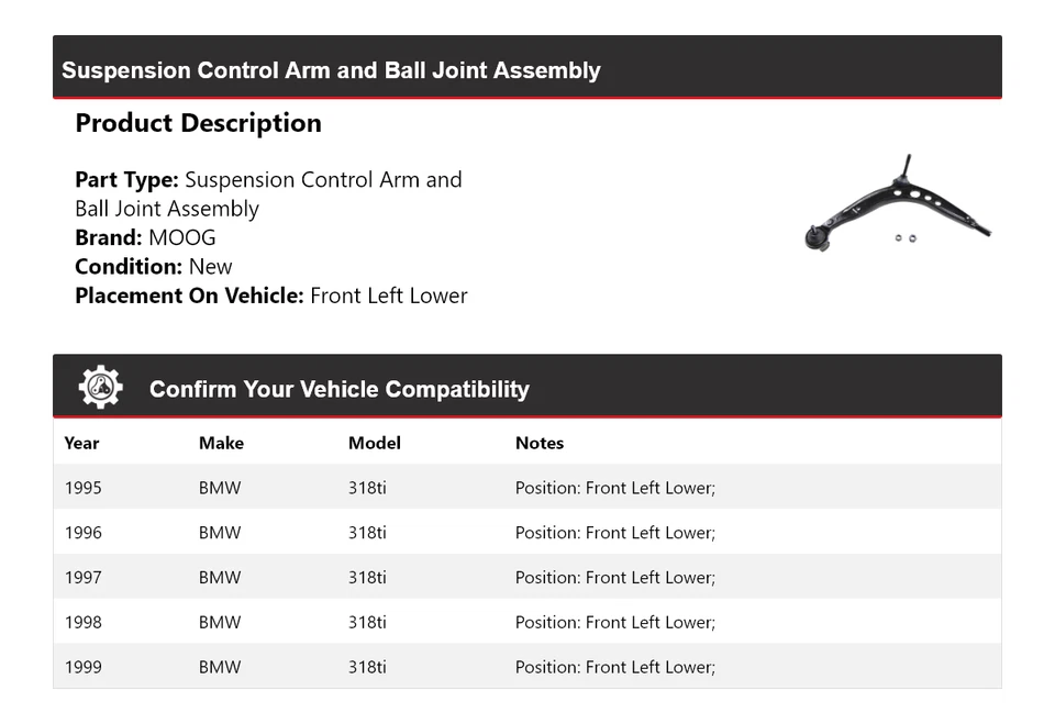 Conjunto de rótula de brazo de control delantero izquierdo inferior MOOG para BMW 318ti 1995-1999 Foto 2 de 4