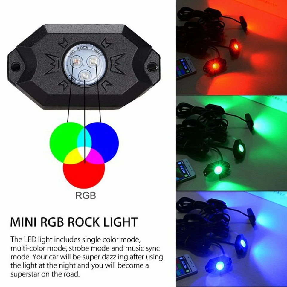 OCPTY RGB LED Rock Lights Offroad Inalámbrico Bluetooth 4 Cápsulas Neón LED ATV SUV Jeep Foto 4 de 4