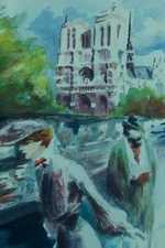 Ancien tableau aquarelle Paris animé Belle époque Parisienne Notre Dame Mode x2