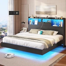 King Size Floating Bed Frame with LED Lights Charging Station Metal Platform Bed