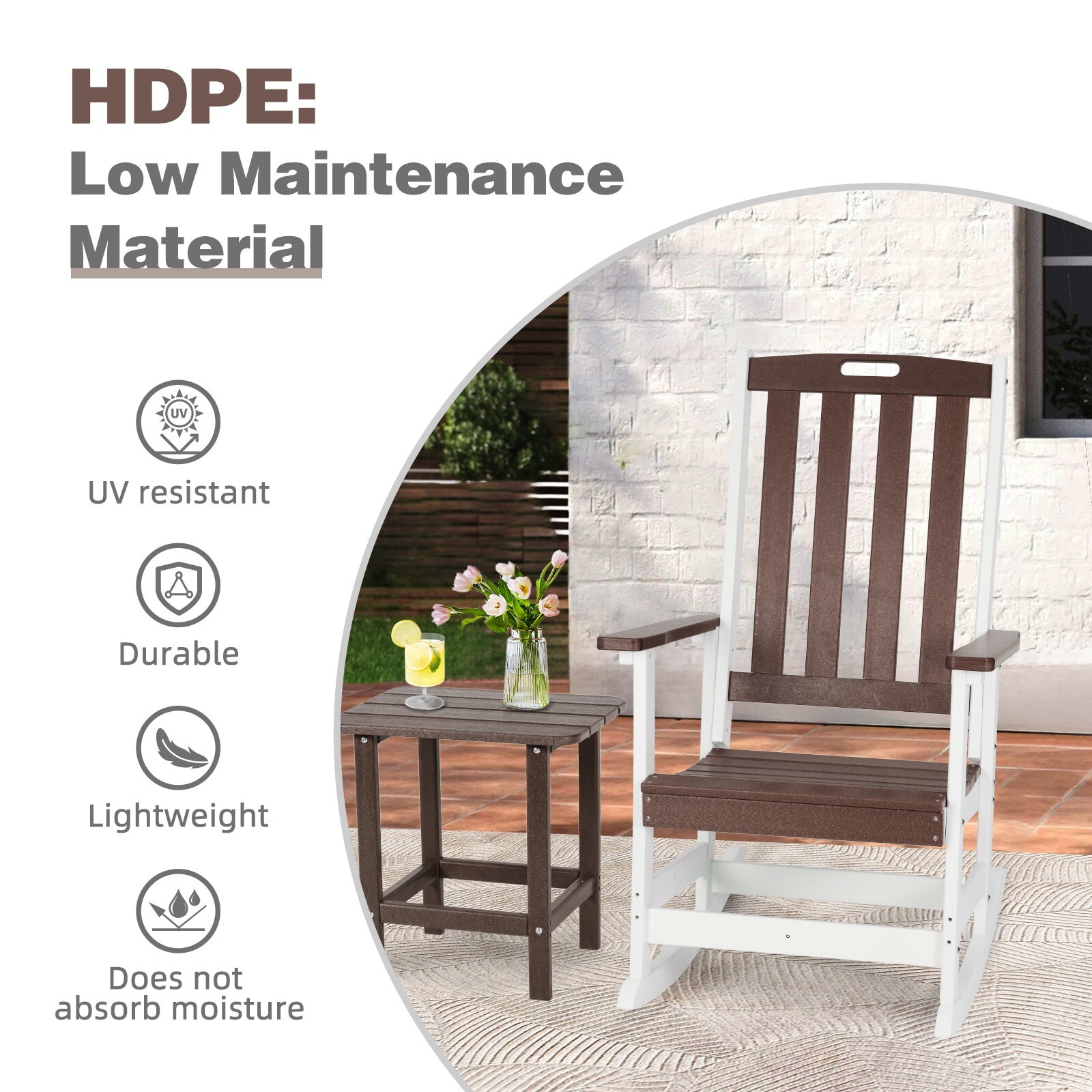 Aoodor HDPE Patio Rocking Chair Adirondack Indoor/Outdoor High Back Rocker Chair