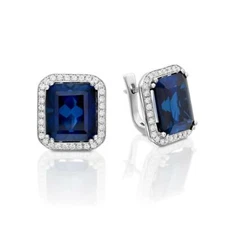 3Ct Emerald Cut Moissanite Blue Sapphire Halo Stud Earring 14K White Gold Plated
