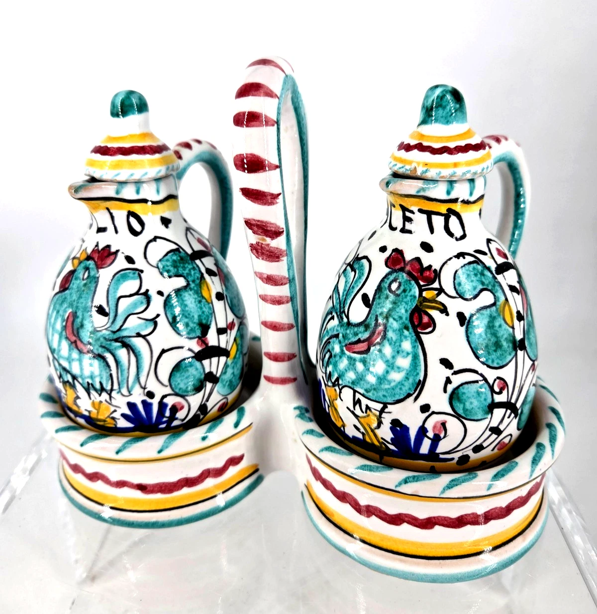 Fima Deruta ceramic ITALIAN ROOSTER OIL & VINEGAR CRUETS with TABLE CADDY Italy